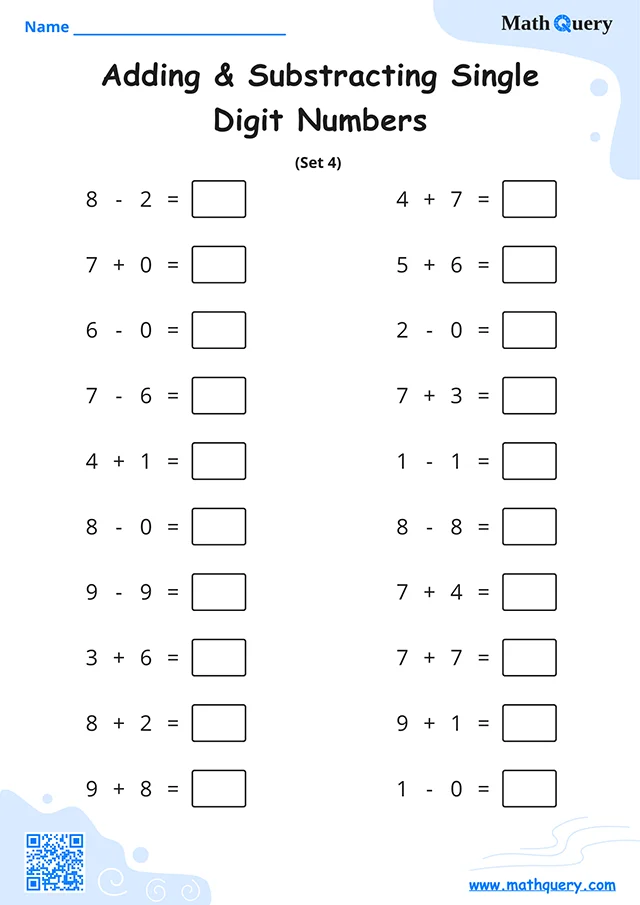 Preview of single-digit addition and subtracting worksheet set 4.