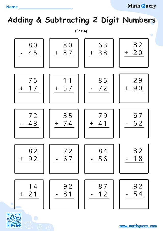 Preview of 2-digit addition and subtraction worksheet set 4.