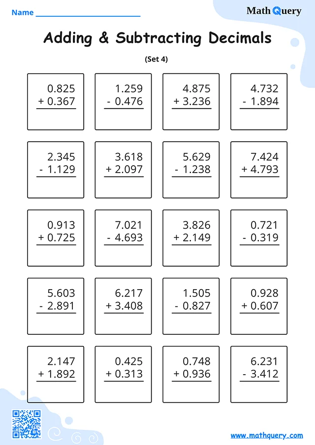 Preview of adding and subtracting decimals worksheet set 4.