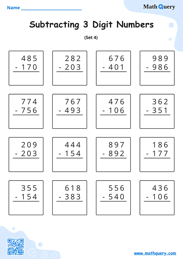 Preview of 3-digit subtraction worksheet set 4.