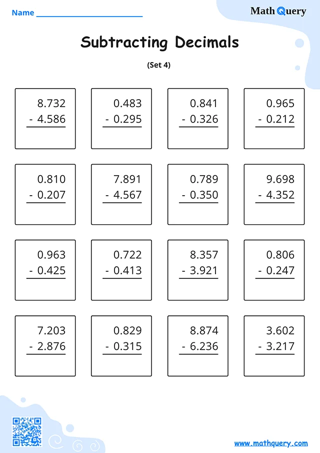 Preview of subtracting decimals worksheet set 4.