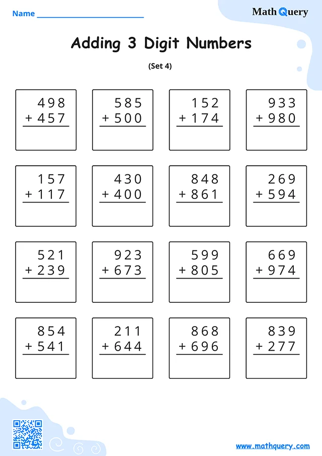 Preview of 3-digit addition worksheet set 4.