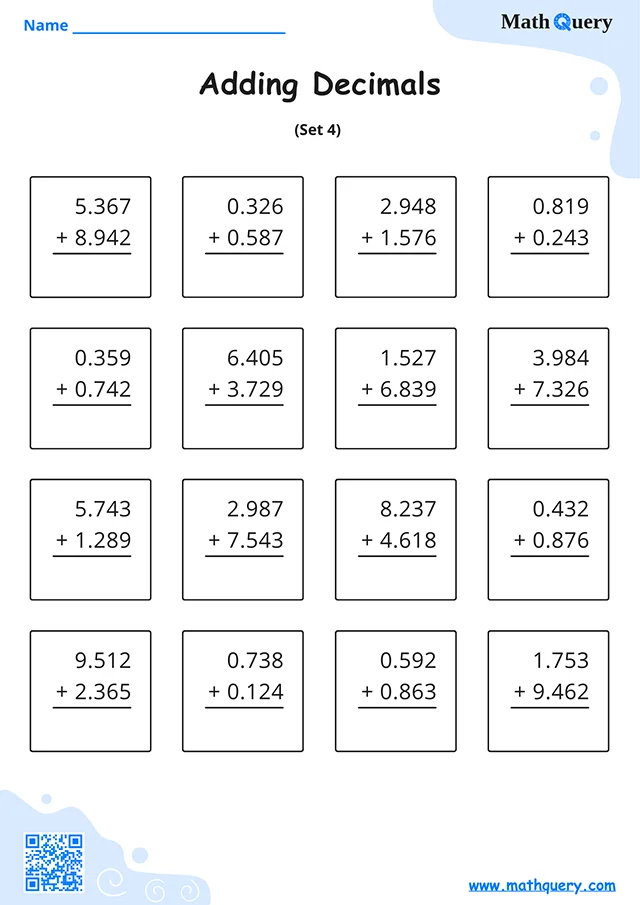 Preview of adding decimals worksheet set 4.