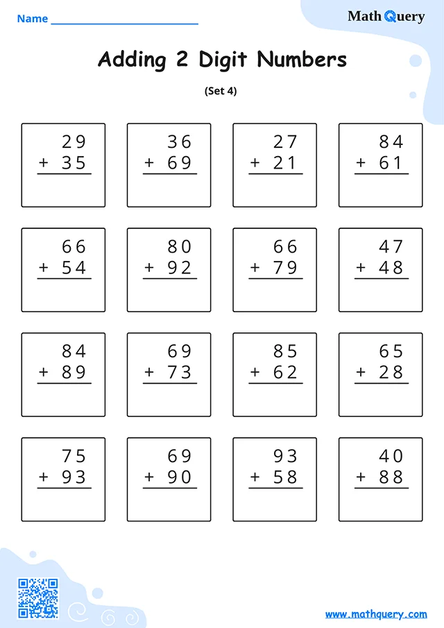 Preview of 2 digit addition worksheet set 4.