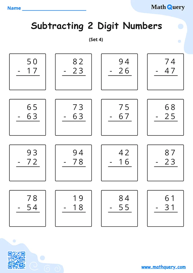 Preview of 2-digit subtraction worksheet set 4.