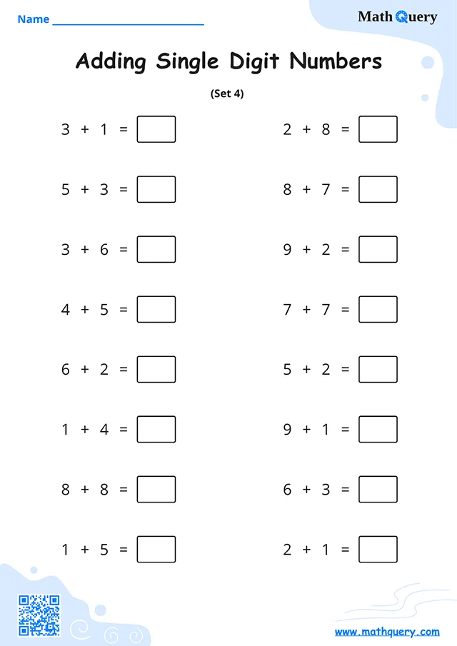 Preview of single-digit addition worksheet set 4.