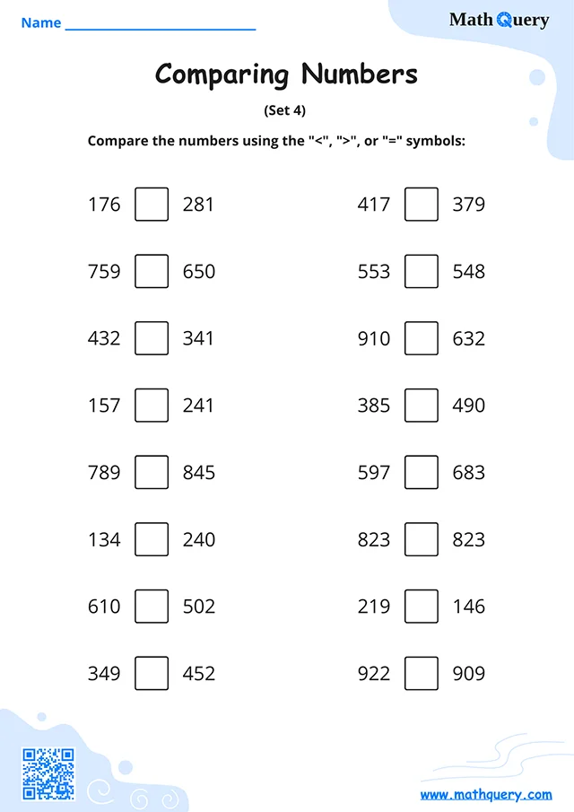 Preview of comparing numbers worksheet set 4.