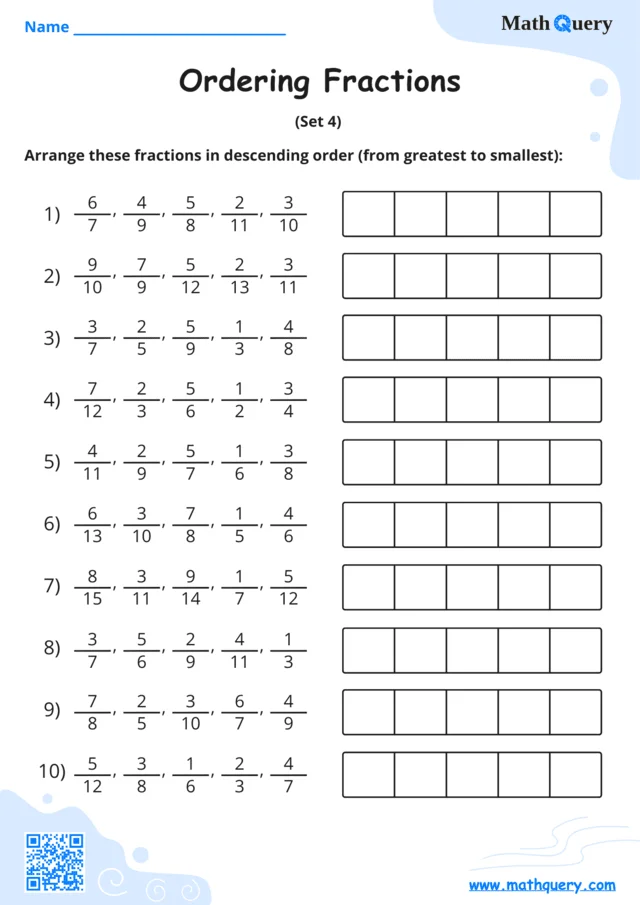 Preview of ordering fractions worksheet set 4.