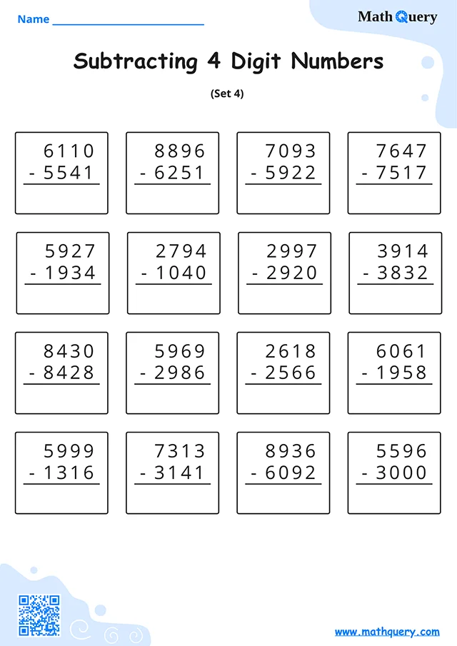 Preview of 4-digit subtraction worksheet set 4.