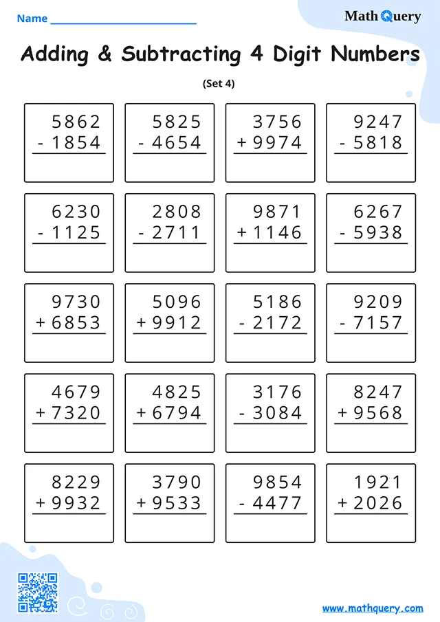 Preview of 4-digit addition and subtraction worksheet set 4.