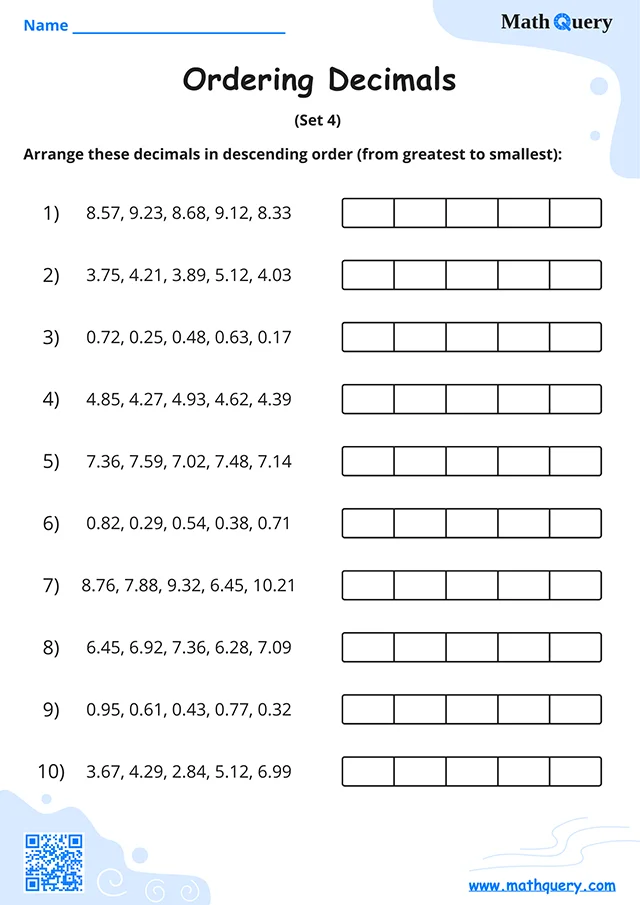 Preview of ordering decimals worksheet set 4.