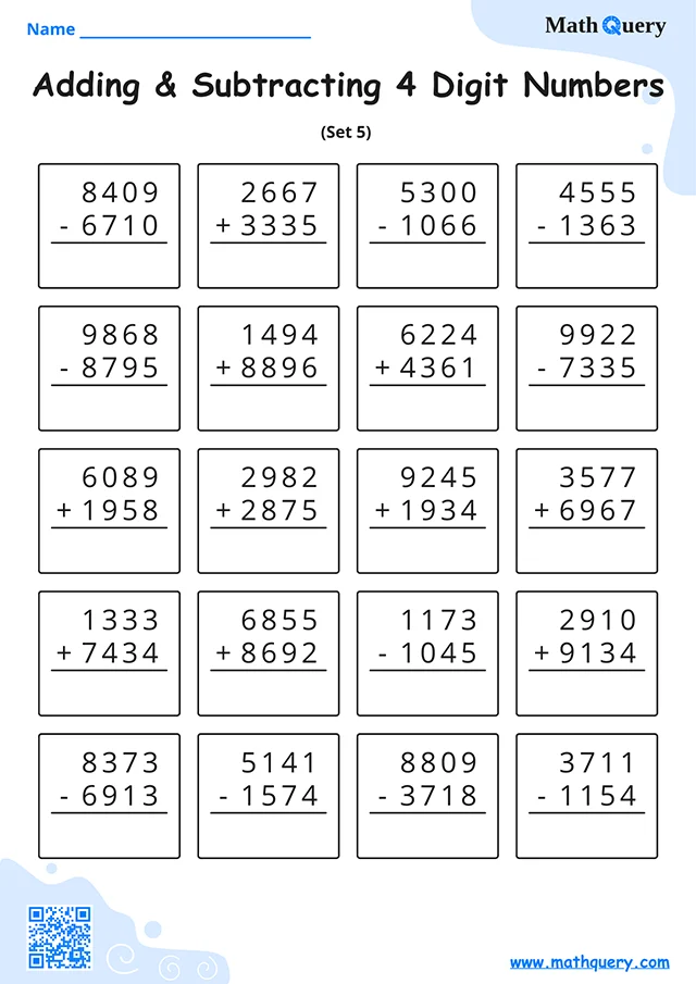 Preview of 4-digit addition and subtraction worksheet set 5.