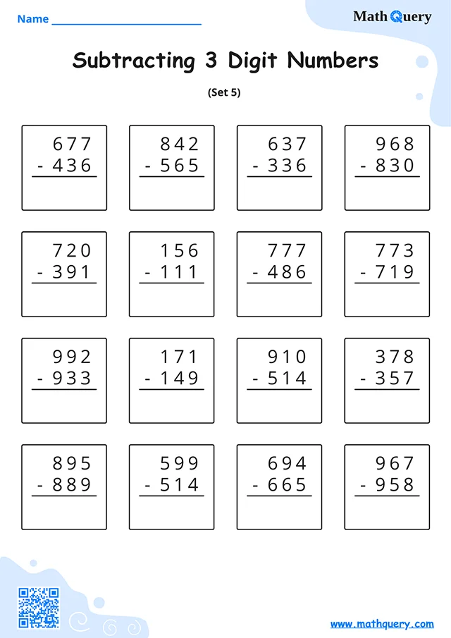 Preview of 3-digit subtraction worksheet set 5.