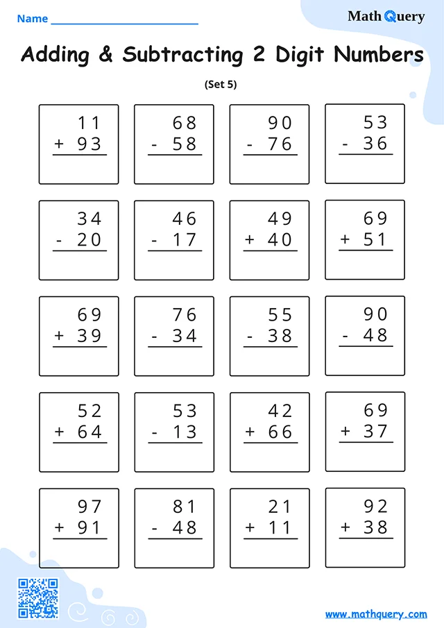 Preview of 2-digit addition and subtraction worksheet set 5.