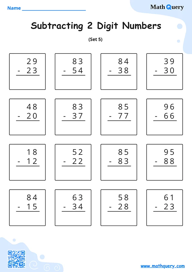 Preview of 2-digit subtraction worksheet set 5.