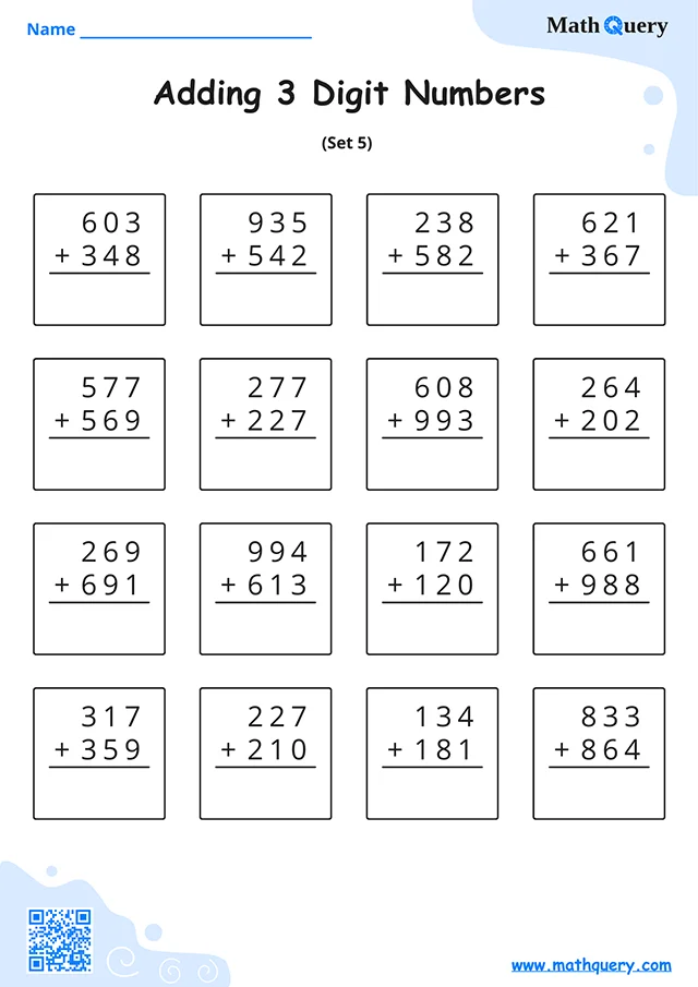 Preview of 3-digit addition worksheet set 5.