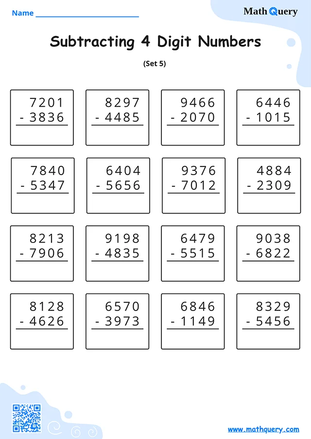 Preview of 4-digit subtraction worksheet set 5.