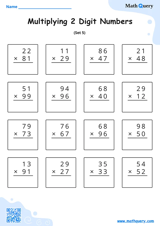 Preview of 2-digit multiplication worksheet set 5.