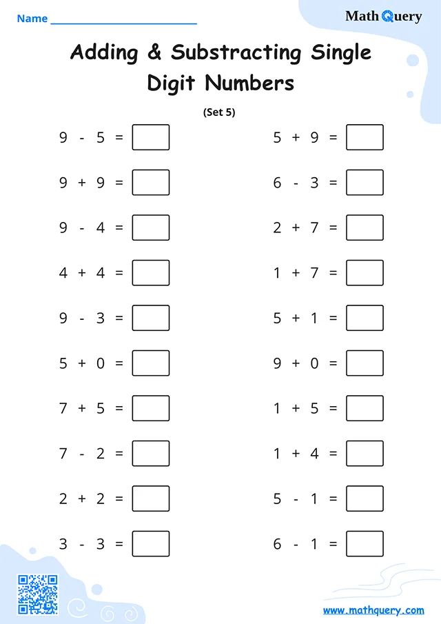 Preview of single-digit addition and subtracting worksheet set 5.