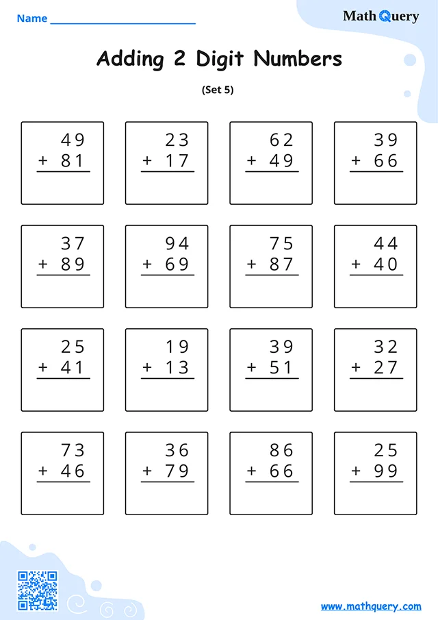 Preview of 2 digit addition worksheet set 5.