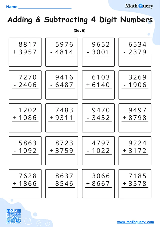 Preview of 4-digit addition and subtraction worksheet set 6.