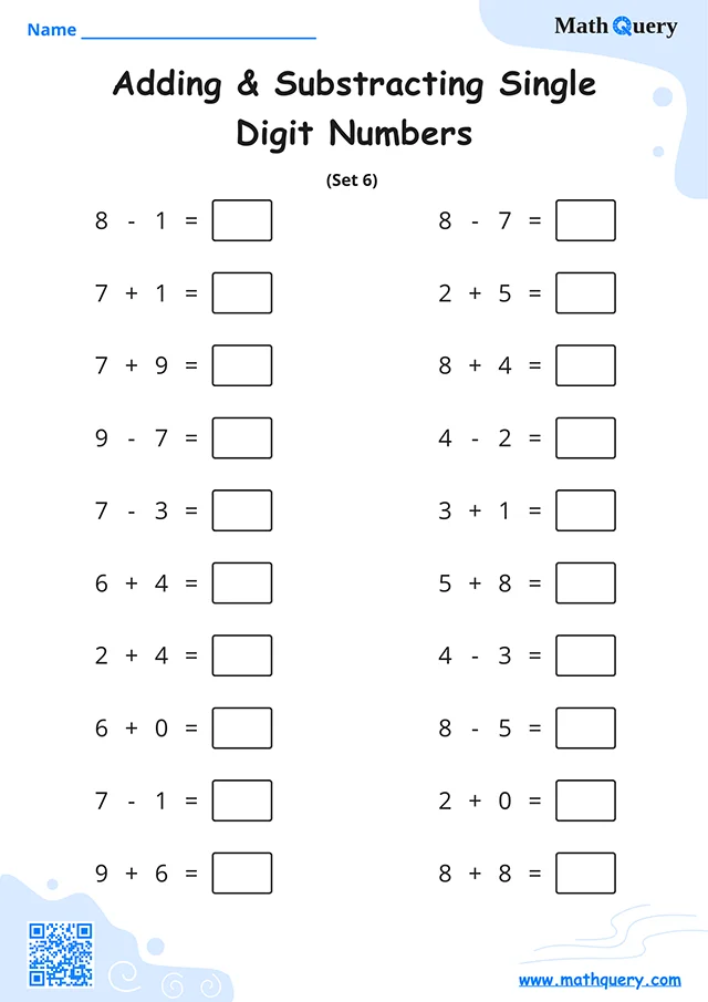 Preview of single-digit addition and subtracting worksheet set 6.