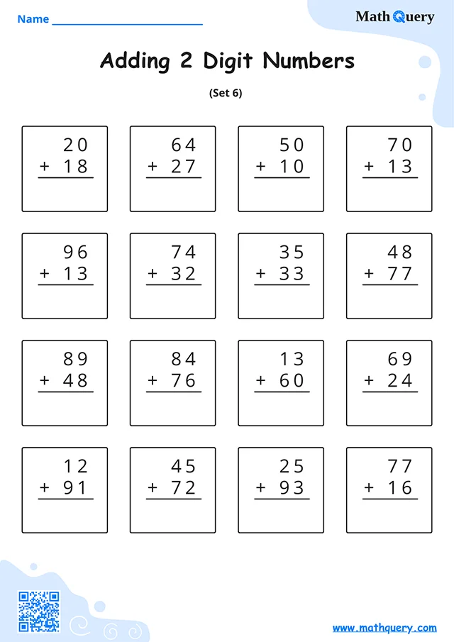 Preview of 2 digit addition worksheet set 6.