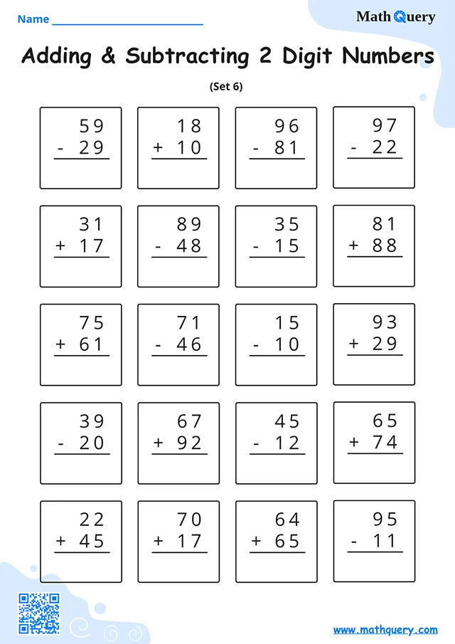 Preview of 2-digit addition and subtraction worksheet set 6.