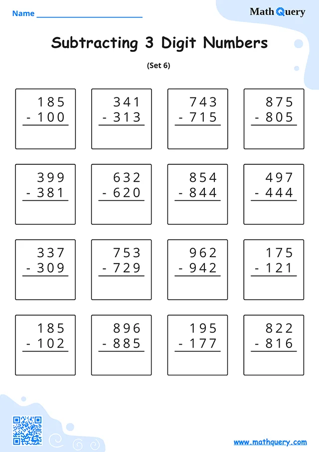 Preview of 3-digit subtraction worksheet set 6.