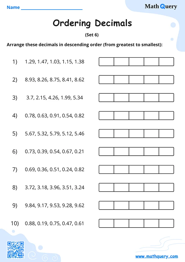 Preview of ordering decimals worksheet set 6.