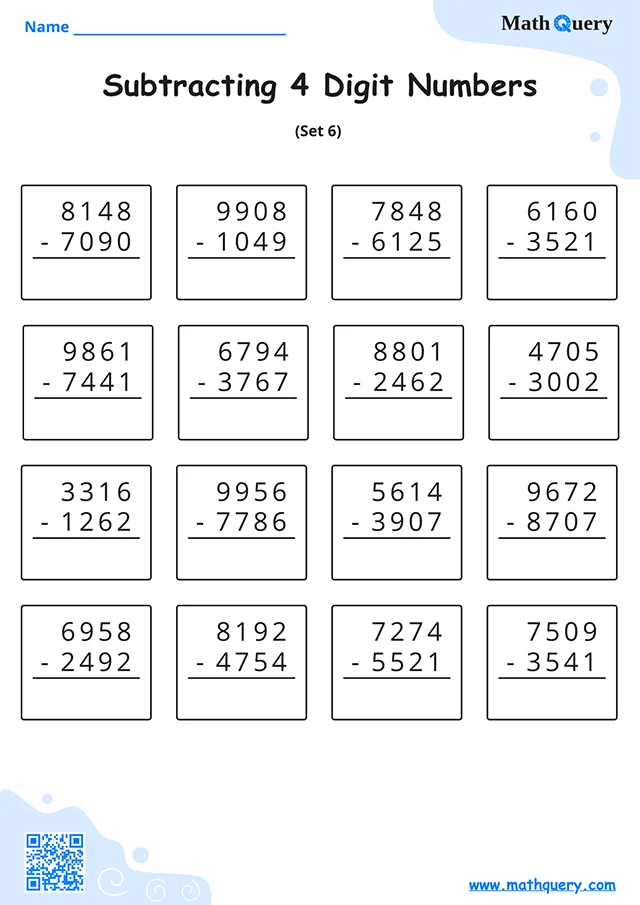 Preview of 4-digit subtraction worksheet set 6.