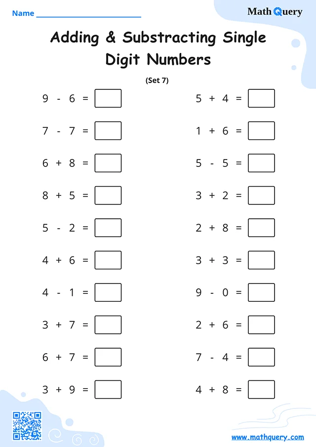 Preview of single-digit addition and subtracting worksheet set 7.