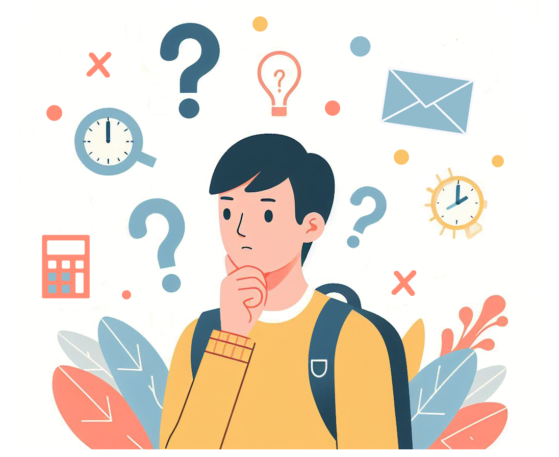 An illustration of a student deep in thought with mathematical symbols floating around, depicting contemplation and engagement in mathematical concepts.