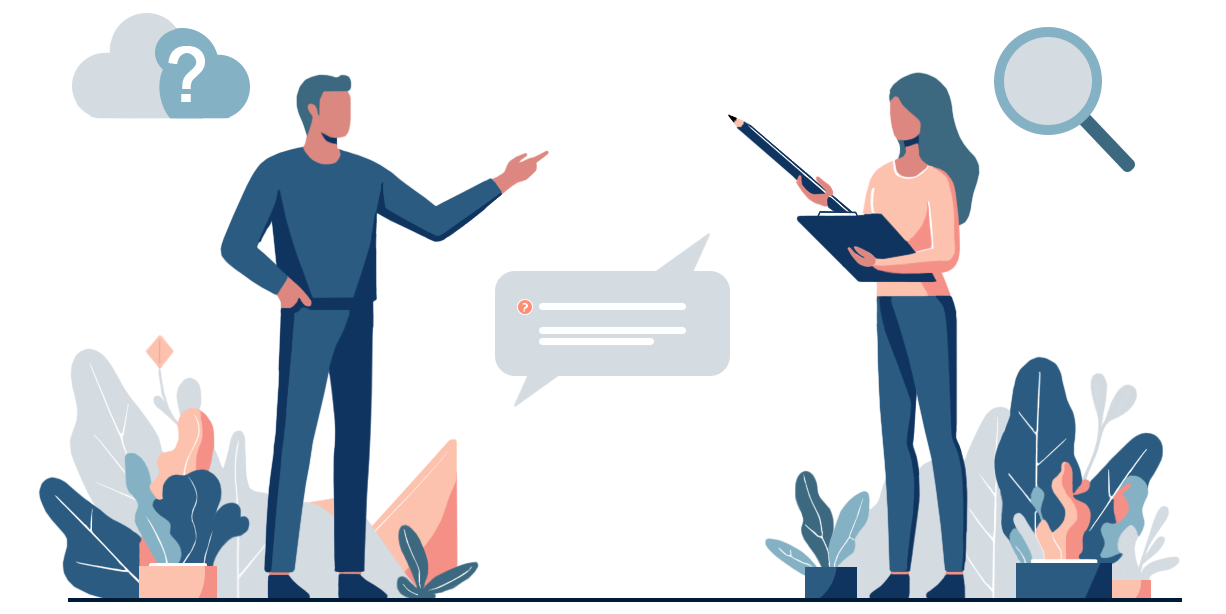 An illustration of a man and woman engaged in a feedback discussion, symbolizing communication and collaboration in resolving questions and providing feedback.