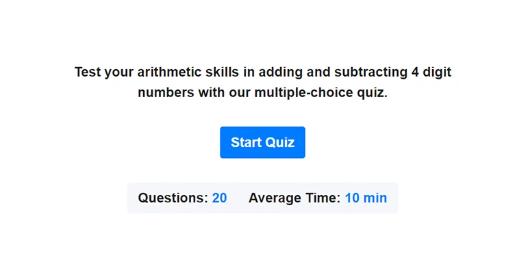 Preview of 4-digit addition and subtraction quiz.