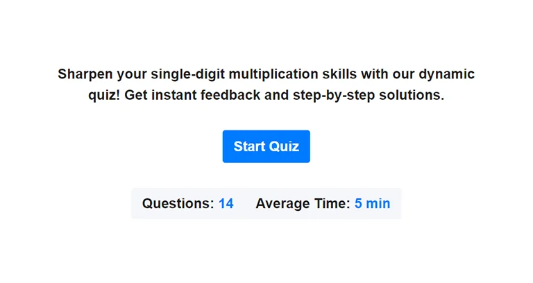 Preview of single digit multiplication quiz.