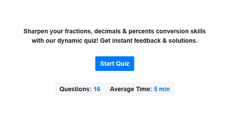 Preview of fractions, decimals and percents quiz.