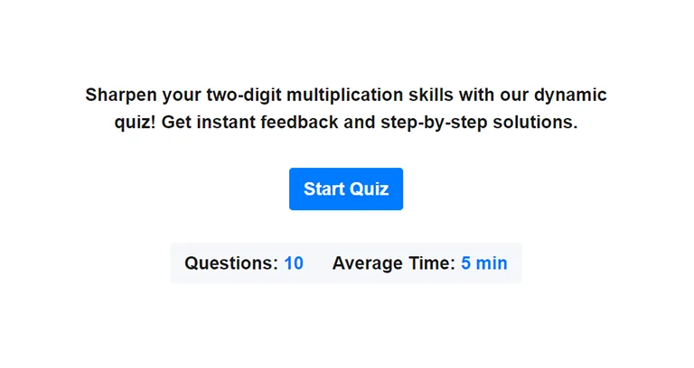 Preview of 2 digit multiplication quiz.