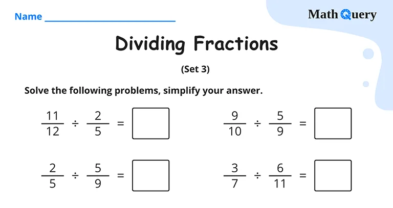 Preview of dividing fractions worksheet.