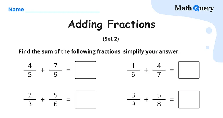 Preview of adding fractions worksheet.