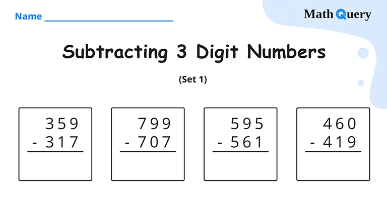 Preview of 3 digit subtraction worksheet.