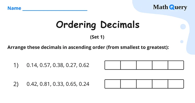 Preview of ordering decimals worksheet.