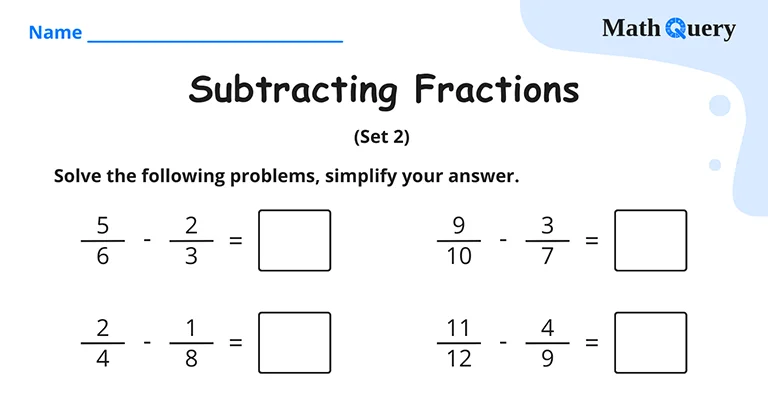 Preview of subtracting fractions worksheet.