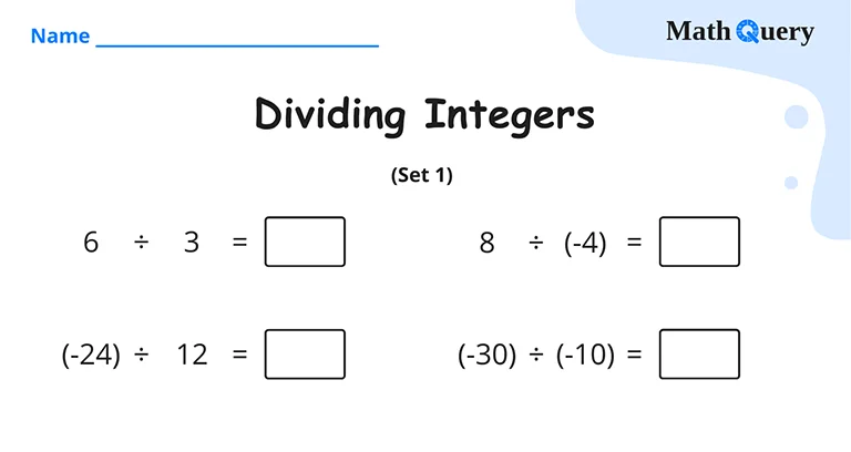 Preview of dividing integers worksheet.