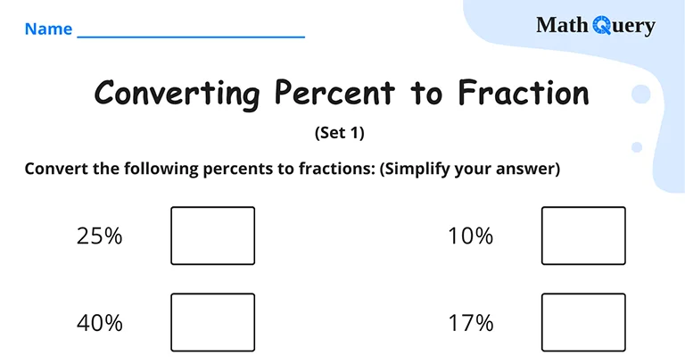 Preview of percent to fraction worksheet.