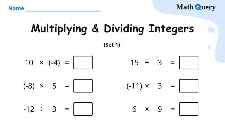 Preview of multiplying and dividing integers worksheet.