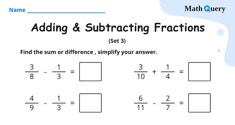 Preview of adding and subtracting fractions worksheet.