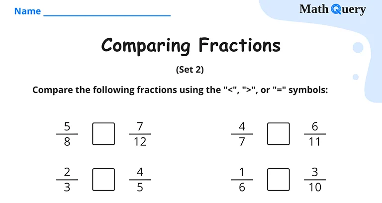 Preview of comparing fractions worksheet.