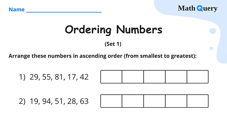 Preview of ordering numbers worksheet.