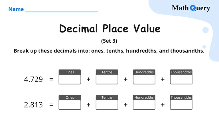 Preview of decimal place value worksheet.